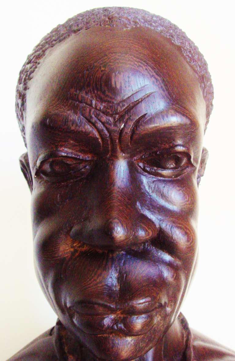 Mid-20th Century French Carved Wood Bust of African Warrior in the Style of Roger Favin