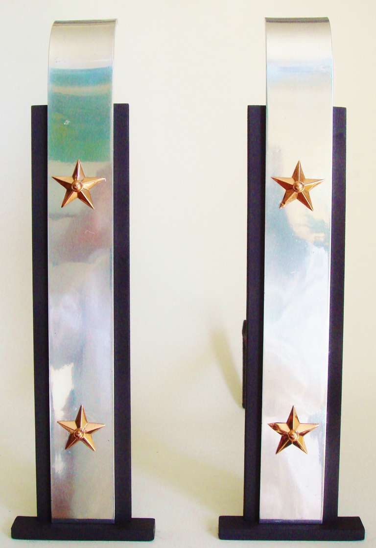 Pair of American Art Deco Patriotic Chenets/Andirons in Tricolour Metal In Good Condition For Sale In Port Hope, ON