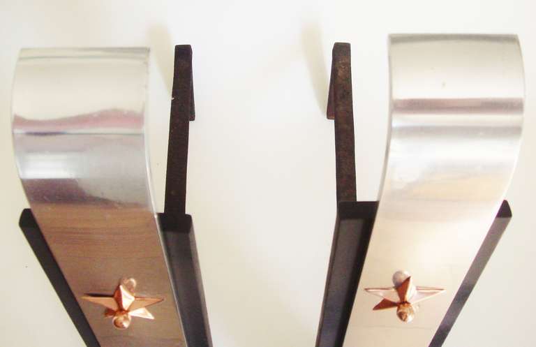 Mid-20th Century Pair of American Art Deco Patriotic Chenets/Andirons in Tricolour Metal For Sale