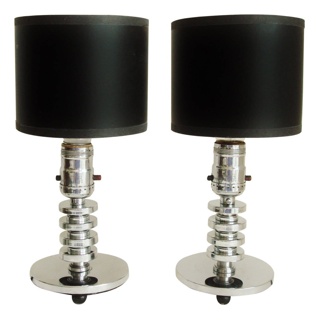 Pair of Small American Art Deco/Machine Age Chrome and Wood Table/Boudoir Lamps For Sale