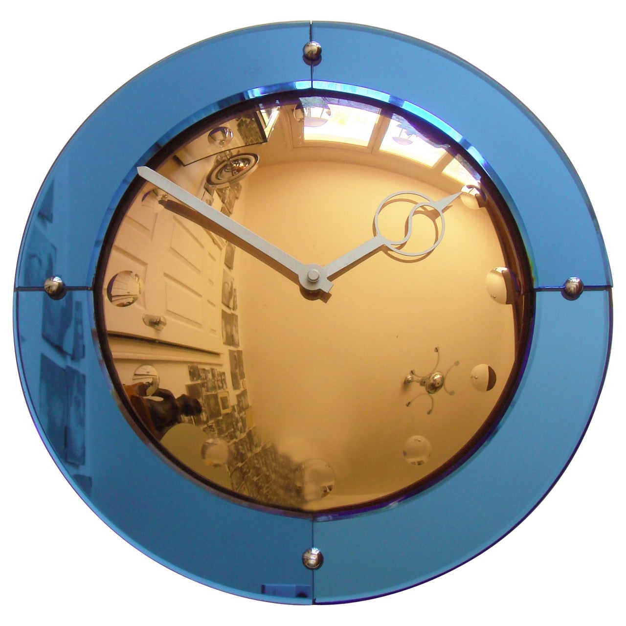 English Art Deco Convex Peach and Cobalt Mirror 'Venus' Wall Clock by Smiths