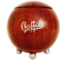 Vintage English Art Deco Spherical Oak Coffee Canister with Tin Liner and Chrome Accents