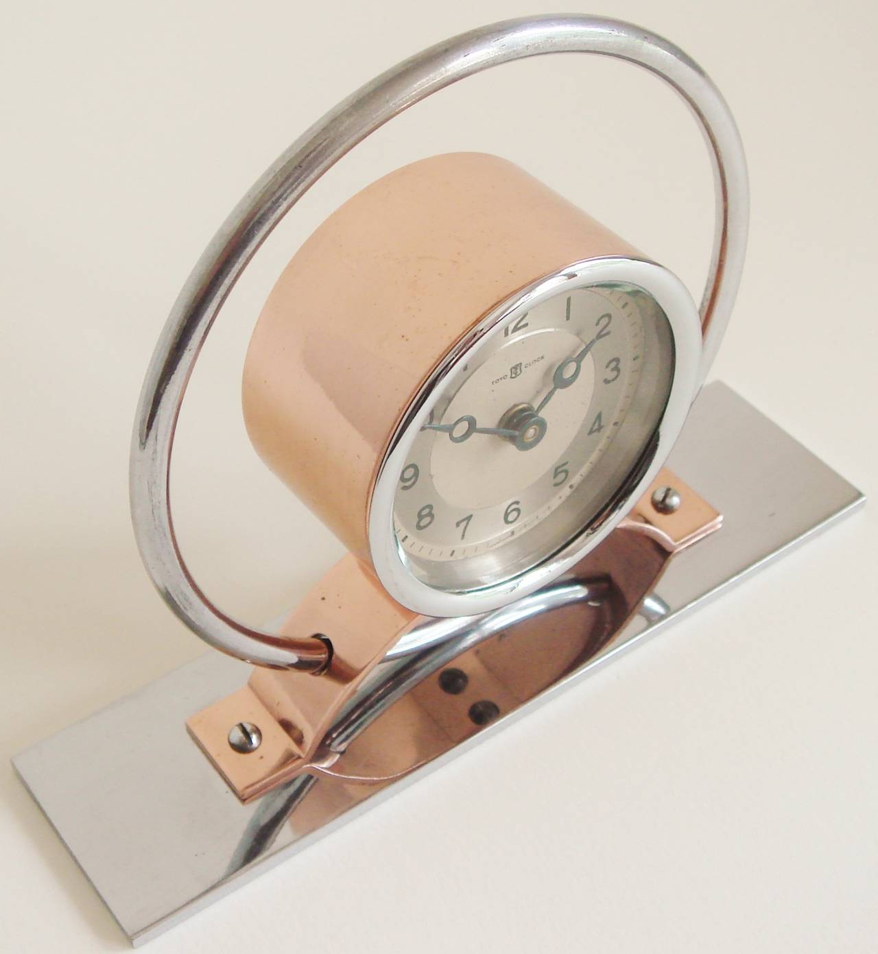 Japanese Art Deco Chrome and Copper Geometric Mechanical Alarm Clock by Toyo In Excellent Condition In Port Hope, ON