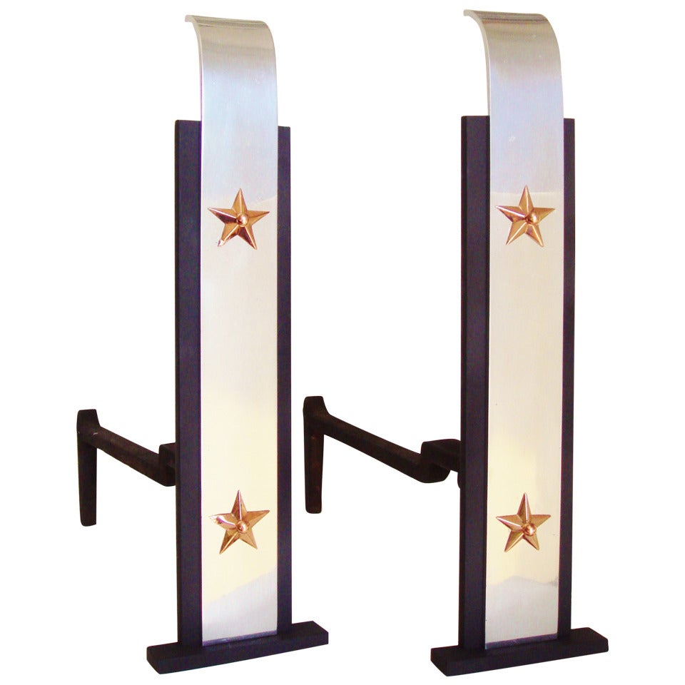 Pair of American Art Deco Patriotic Chenets/Andirons in Tricolour Metal For Sale