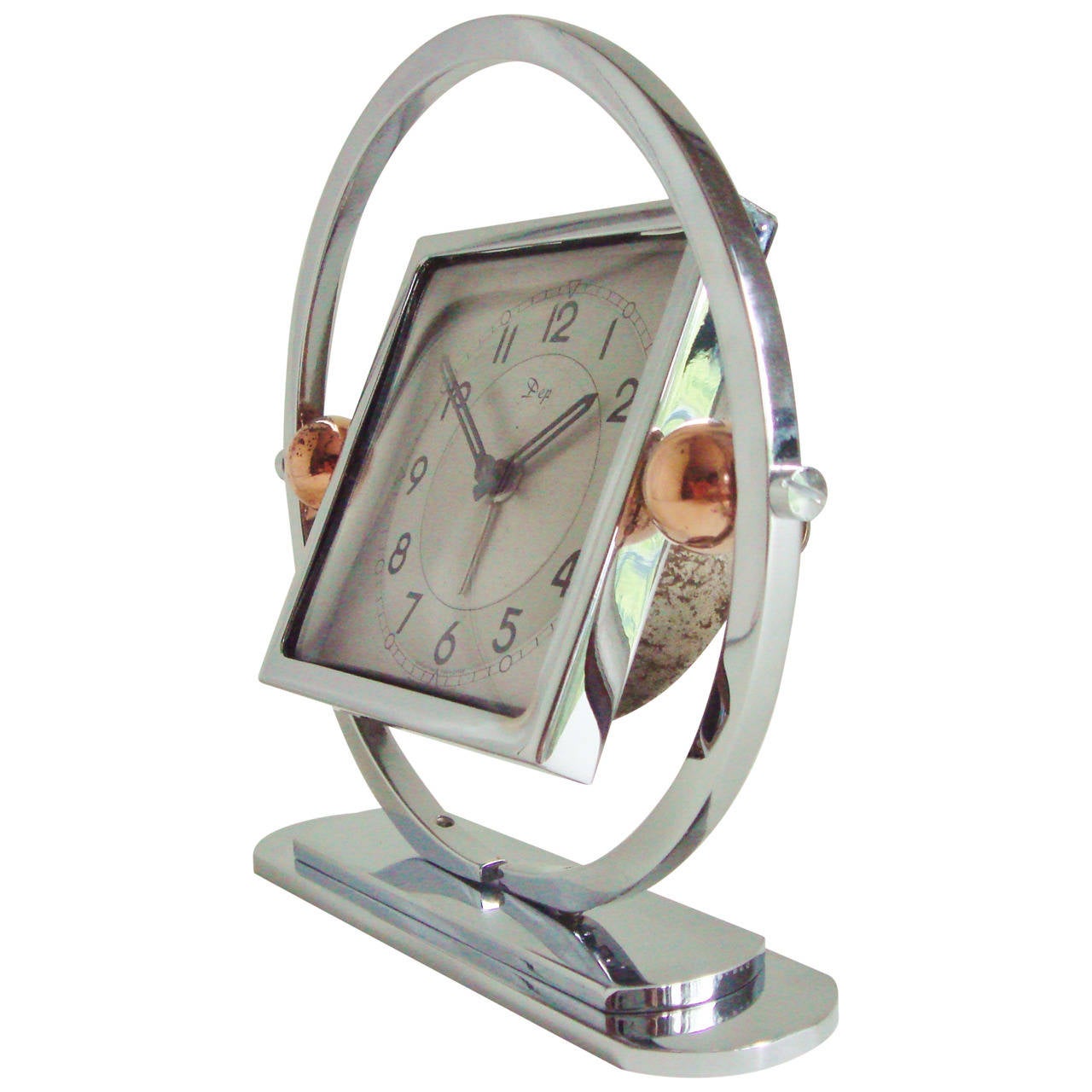 French Ultra Art Deco Styled Chrome and Black Mechanical Alarm Clock by