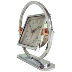 French Art Deco Chrome and Copper Mechanical Tilt Alarm Clock by DEP