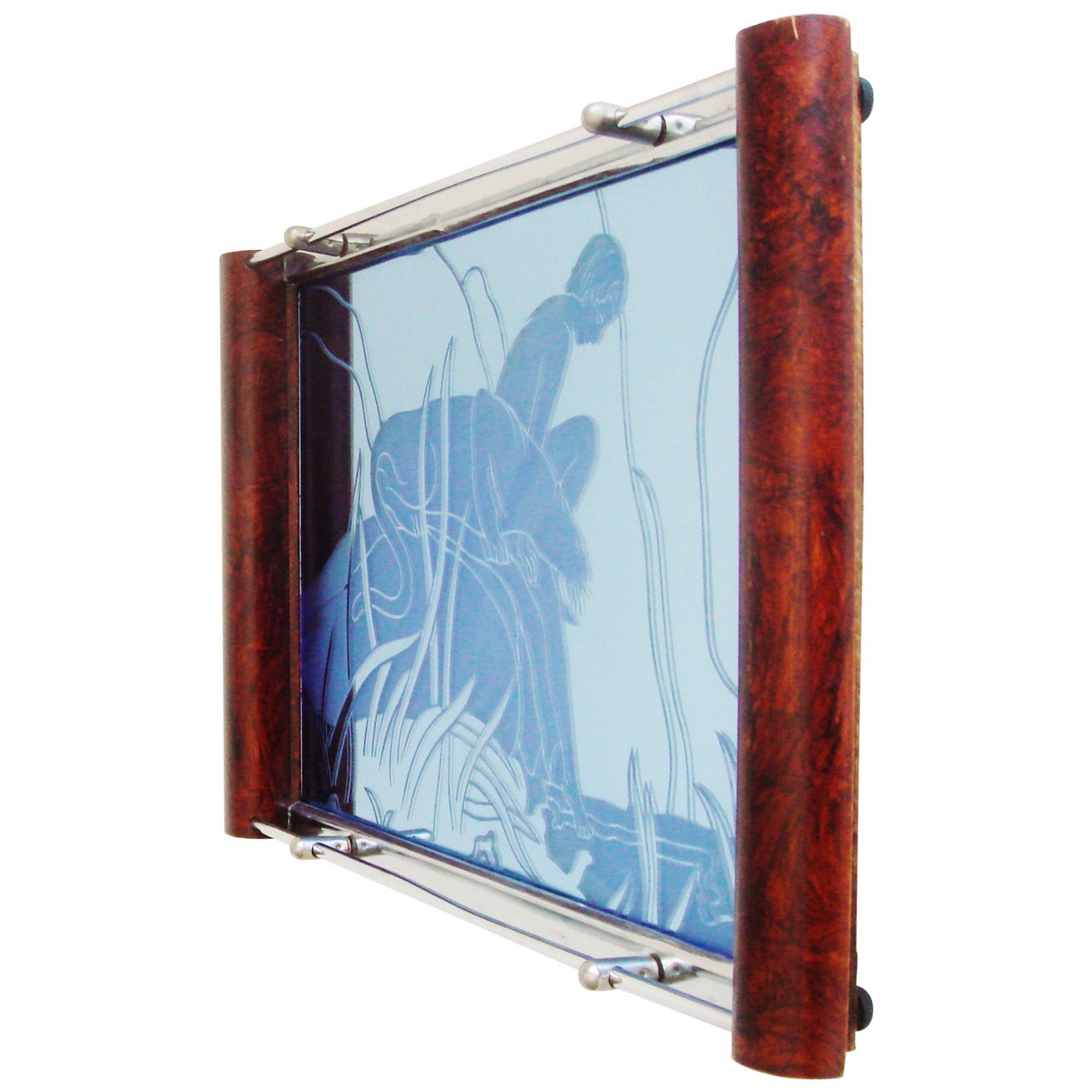 Art Deco Wood, Chrome and Blue Mirror Reverse Etched Boy and Panther Tray For Sale