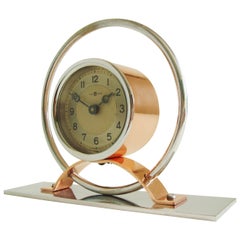 Japanese Art Deco Chrome and Copper Geometric Mechanical Alarm Clock by Toyo