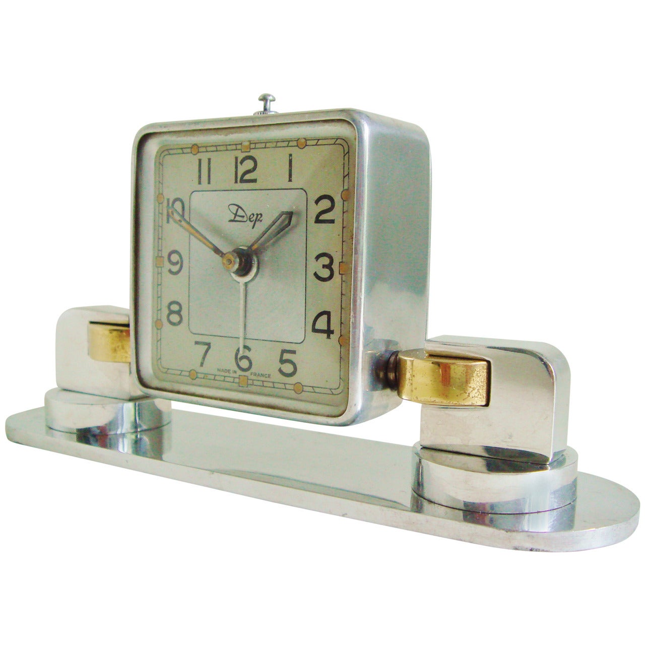 Art Deco French Aluminium and Brass Mechanical Tilt Alarm Clock by DEP For Sale