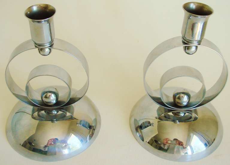 Pair of German Art Deco Chrome Plated Metal Geometric Candlesticks In Excellent Condition In Port Hope, ON