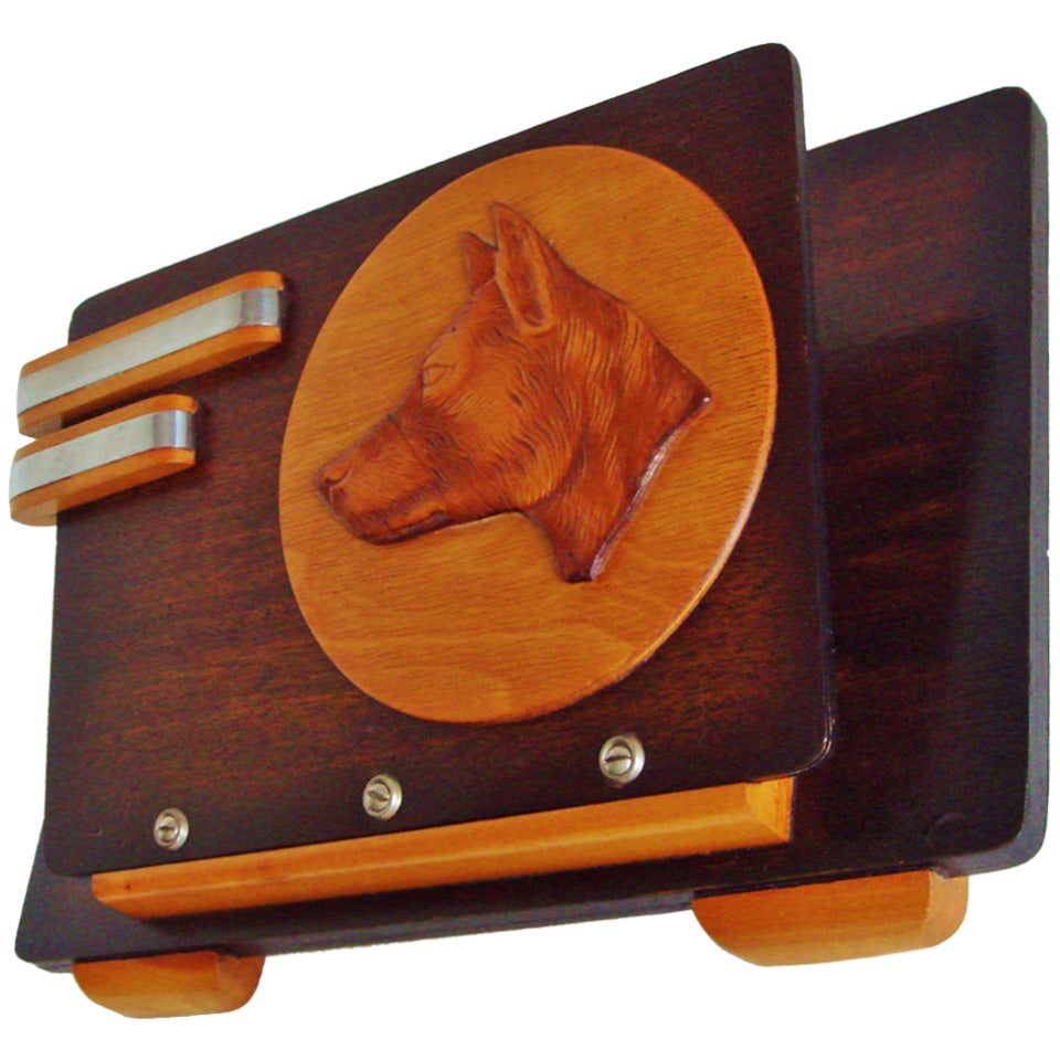 French Art Deco Dog Lover's Wood and Chrome Wall-Mounted Magazine/Letter Rack For Sale