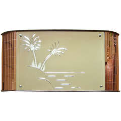 Vintage English Art Deco Wall Mirror with Etched Palm Trees and Peach Mirrorflex Sides
