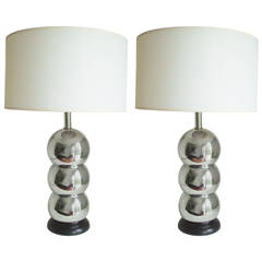 Pair of American Triple-Stacked Chrome Sphere Table Lamps by Laurel
