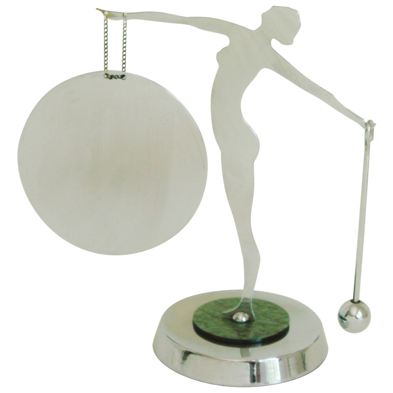 English Art Deco Chrome and Pearloid Figural Nude Dinner Gong with Striker