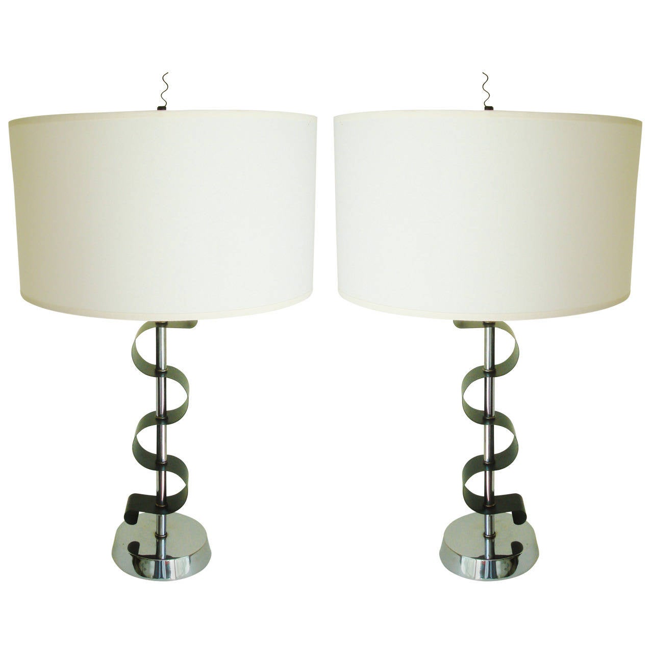 Pair of American Mid Century Chrome and Green "Ribbon" Table Lamps by
