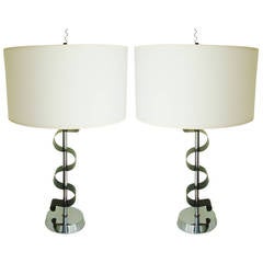 Pair of American Mid Century Chrome and Green "Ribbon" Table Lamps by Laurel