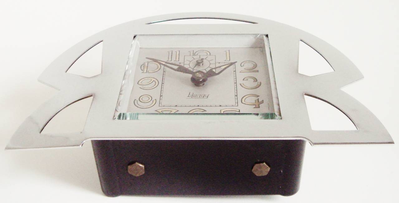 Rare French Art Deco Chrome & Black Bakelite Mechanical Alarm Clock by Blangy. 3