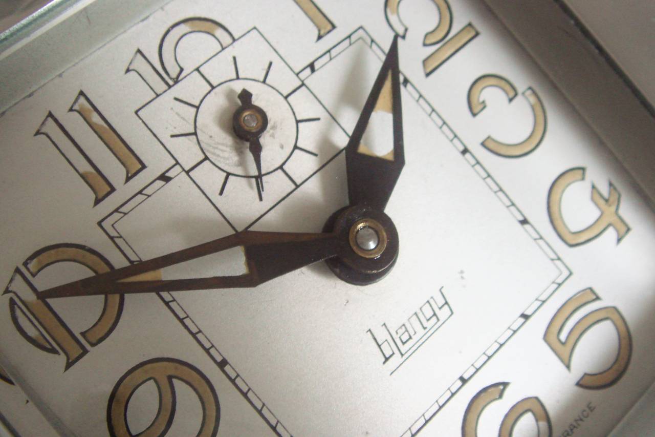 Rare French Art Deco Chrome & Black Bakelite Mechanical Alarm Clock by Blangy. 1