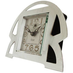 Rare French Art Deco Chrome & Black Bakelite Mechanical Alarm Clock by Blangy.