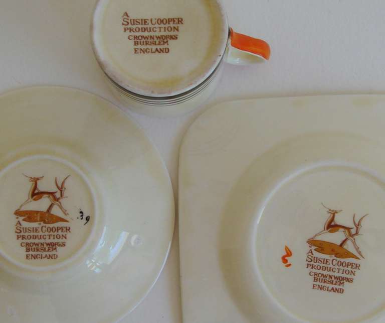 Four English Art Deco Coffee Can Trios in Orange Tango Pattern by Susie Cooper 1