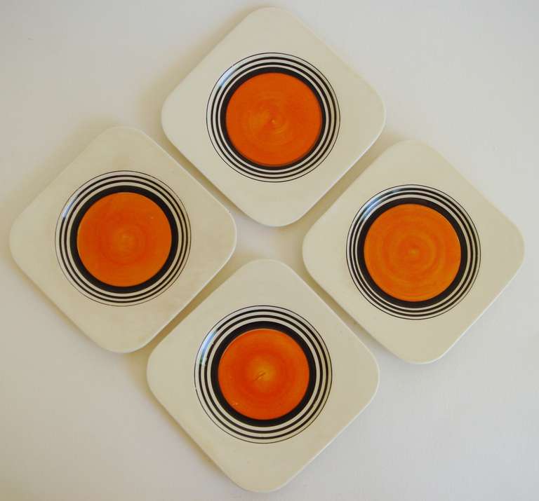 Mid-20th Century Four English Art Deco Coffee Can Trios in Orange Tango Pattern by Susie Cooper