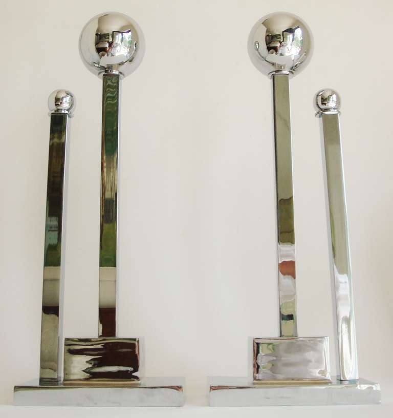 Pair of American Art Deco Chrome Plated Brass Geometric Chenets/ Andirons. In Excellent Condition In Port Hope, ON