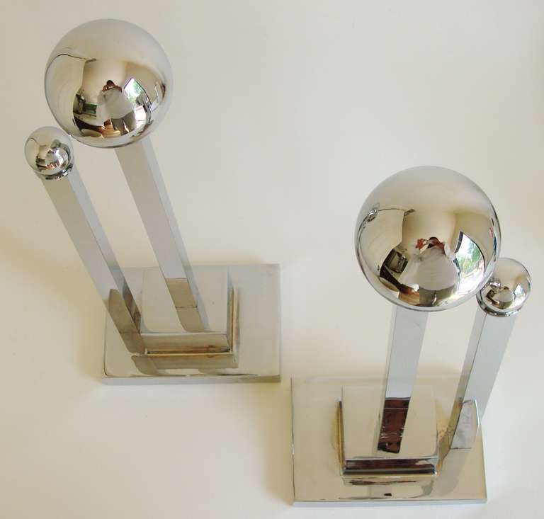 Mid-20th Century Pair of American Art Deco Chrome Plated Brass Geometric Chenets/ Andirons.