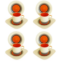 Four English Art Deco Coffee Can Trios in Orange Tango Pattern by Susie Cooper