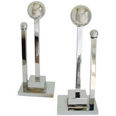 Vintage Pair of American Art Deco Chrome Plated Brass Geometric Chenets/ Andirons.