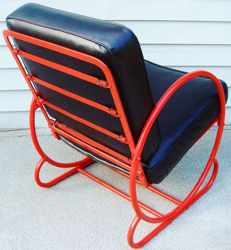 American Art Deco Red Enameled Steel Rocking Chair and Companion Lounge Chair 1