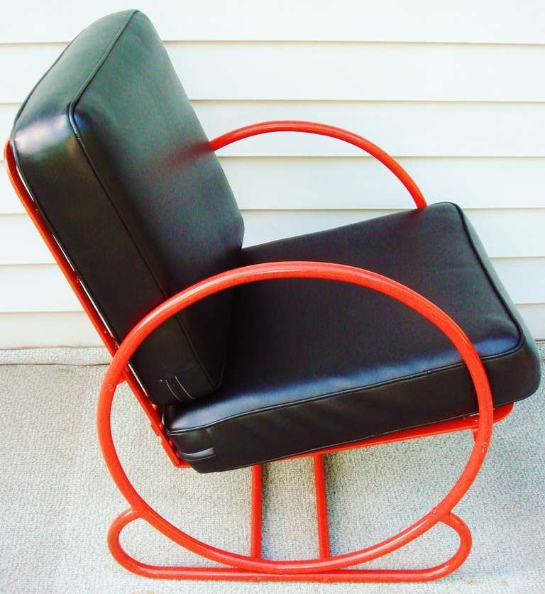 American Art Deco Red Enameled Steel Rocking Chair and Companion Lounge Chair In Good Condition In Port Hope, ON