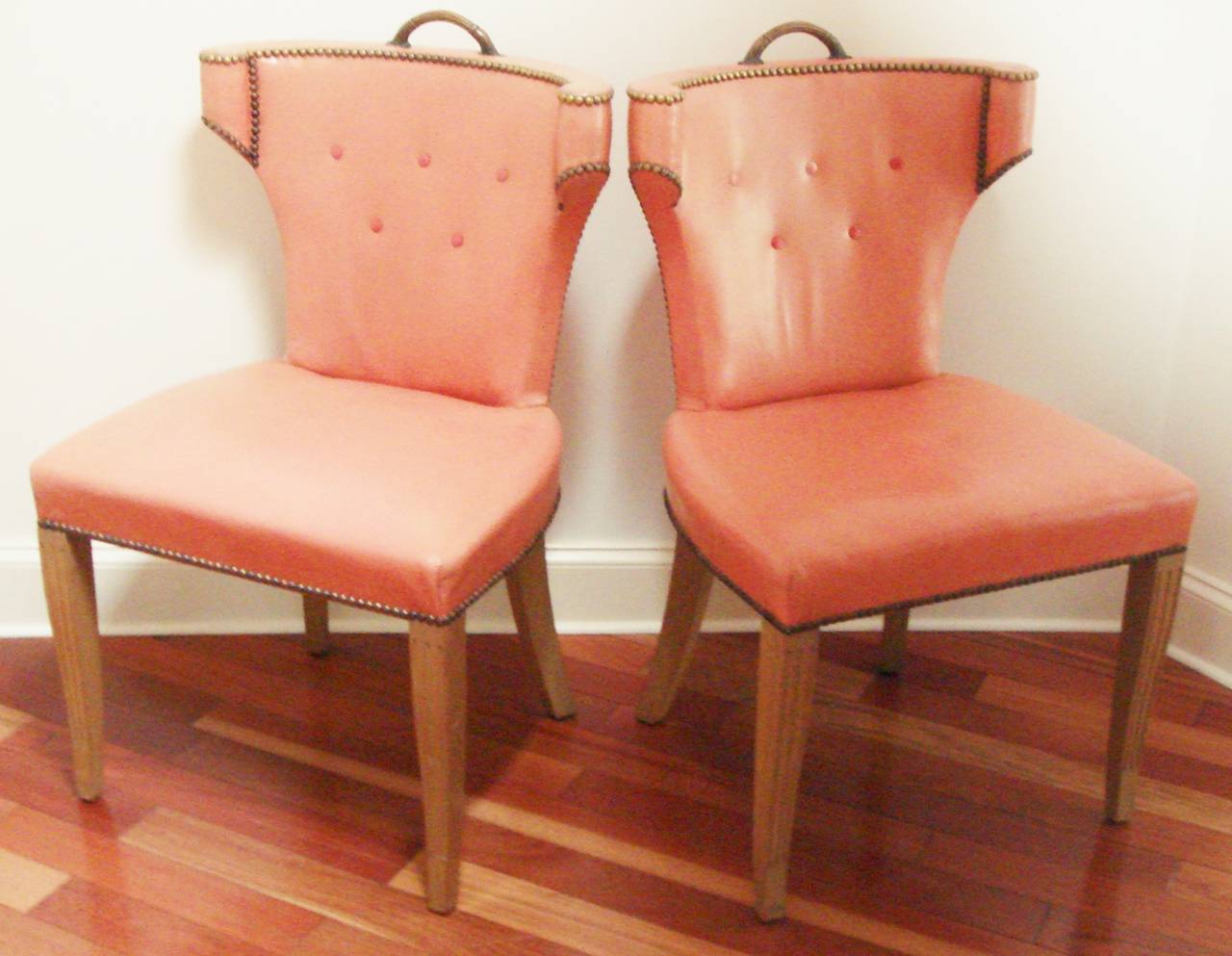 Rare Pair of Dorothy Draper Original Leather Scroll Back Klismos Salon Chairs 1