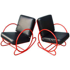 American Art Deco Red Enamelled Steel Rocking Chair and Companion Lounge Chair 7