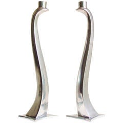 Vintage Pair of 1980s Aluminium Biomorphic "Nessy" Candlesticks by Escapade Paris.