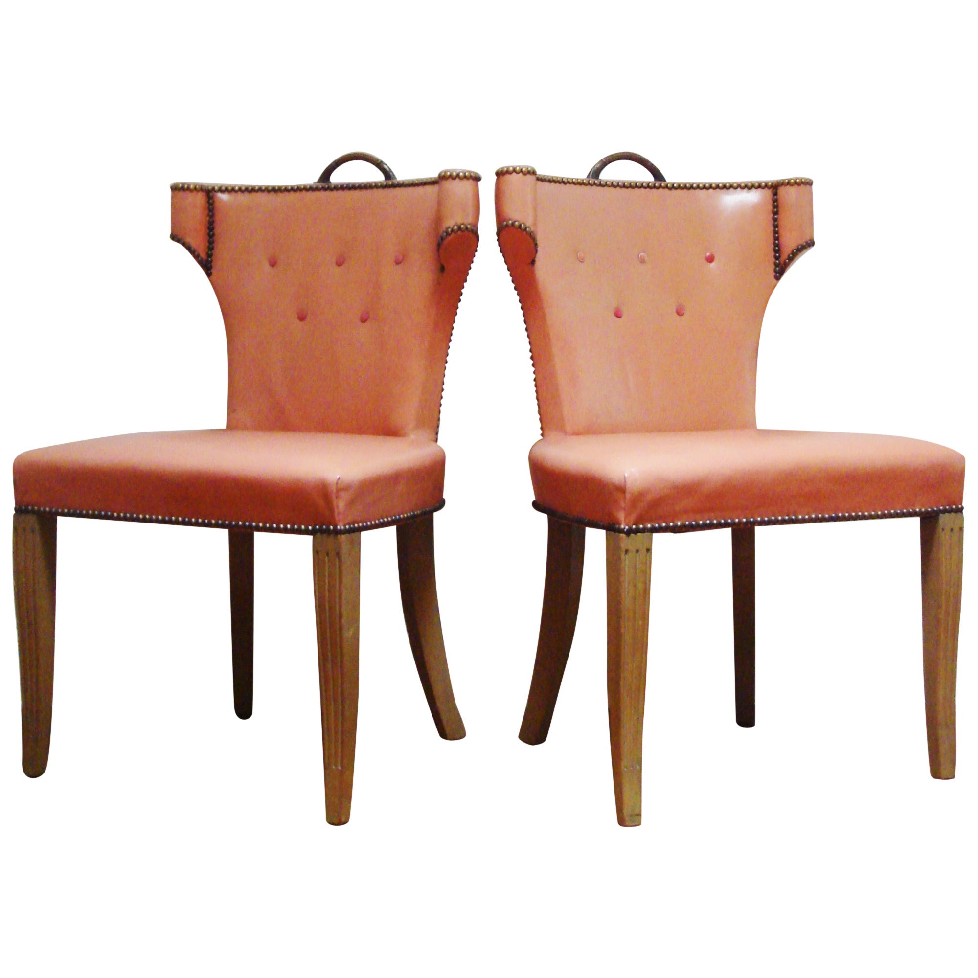 Rare Pair of Dorothy Draper Original Leather Scroll Back Klismos Salon Chairs