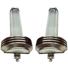 Monumental Pair of American Art Deco Chrome and Glass Rod Theatre Wall Sconces.