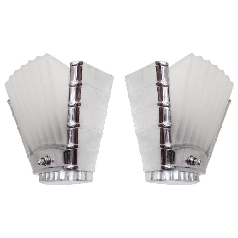 Pair of Canadian Art Deco/Machine Age Chrome and Glass Slip Shade Wall Sconces  For Sale