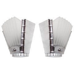 Pair of Canadian Art Deco/Machine Age Chrome and Glass Slip Shade Wall Sconces 