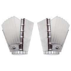 Pair of Canadian Art Deco/Machine Age Chrome and Glass Slip Shade Wall Sconces