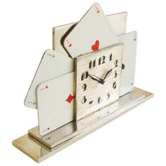 Rare French Art Deco Nickel Chrome and Enamel Four Aces Card Mechanical Clock 6