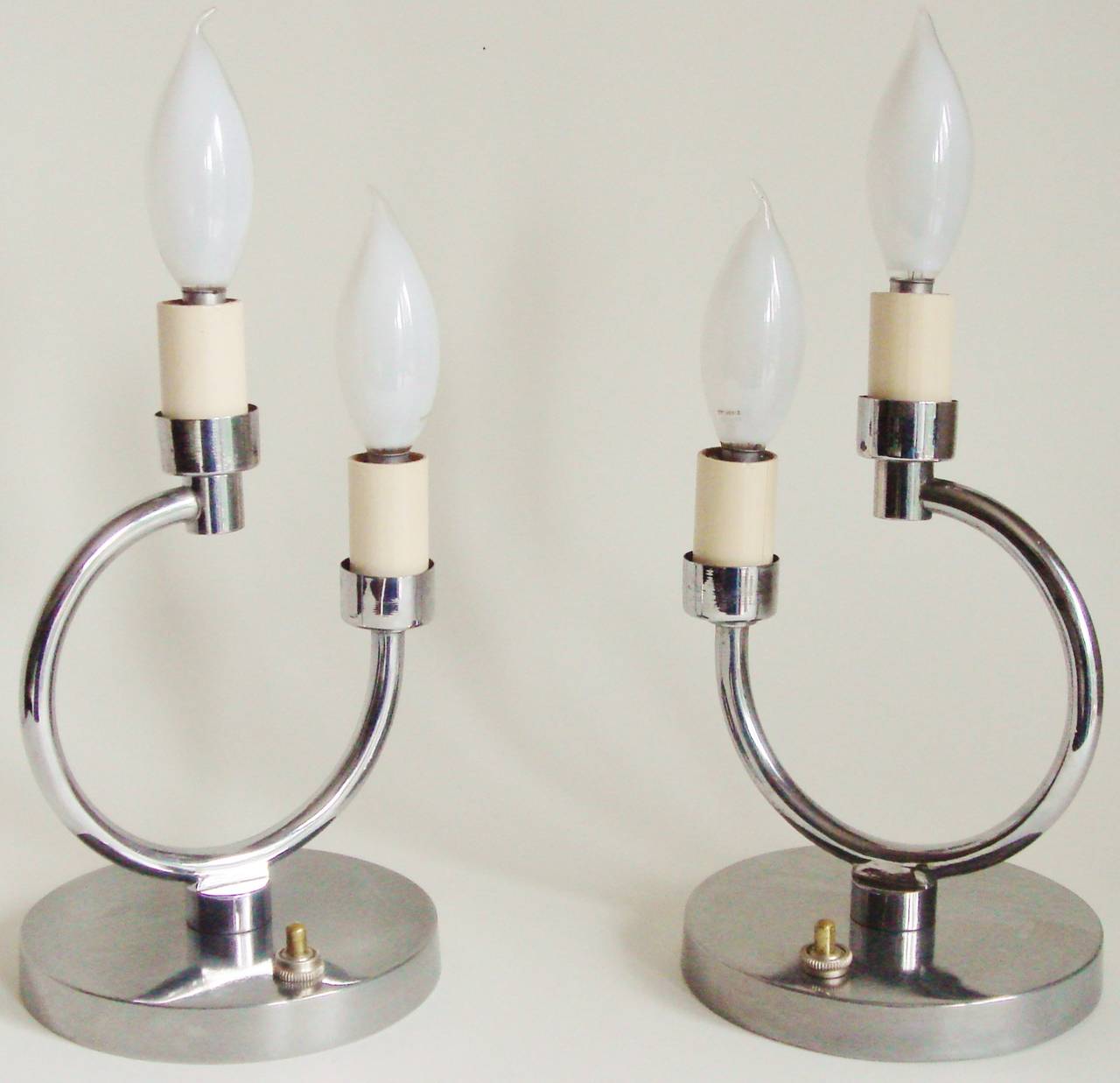 Pair of French Art Deco Chrome Geometric Twin Faux Candle Boudoir Lamps. For Sale 1