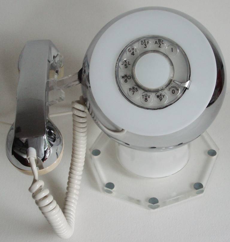 This rotary dial Space-Age Chromefone by TeleConcepts is arguably the most extreme and iconic design of this company's eccentric output. This example is all original but has been restored and re-fitted for use today. All the plastic and chrome parts