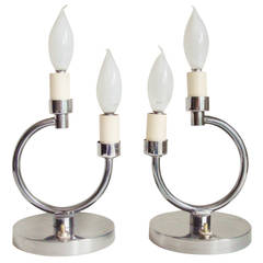 Pair of French Art Deco Chrome Geometric Twin Faux Candle Boudoir Lamps.