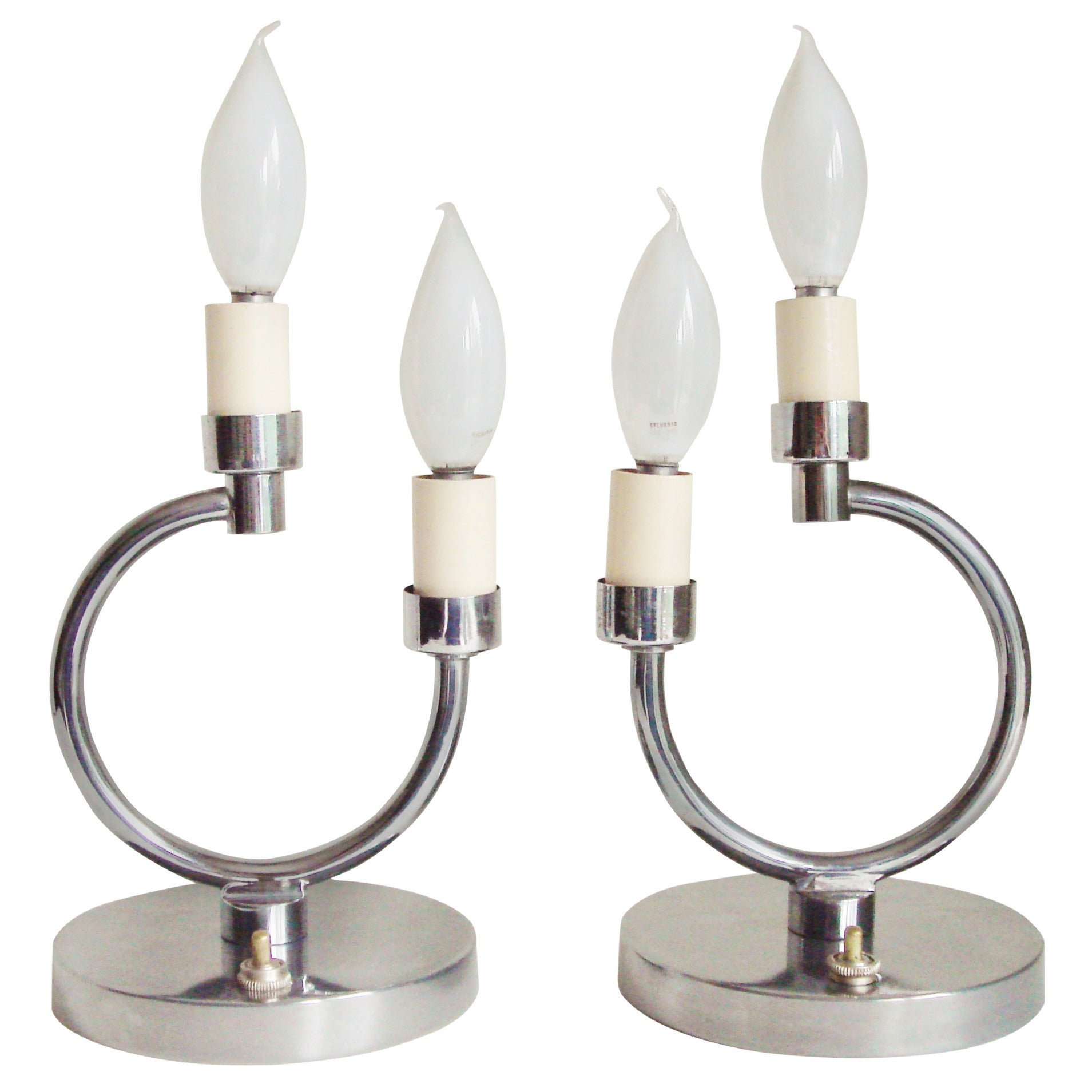 Pair of French Art Deco Chrome Geometric Twin Faux Candle Boudoir Lamps. For Sale