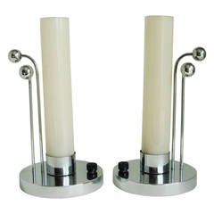 Pair of American Art Deco Chrome Boudoir Lamps with Opaline Glass Shades. 2