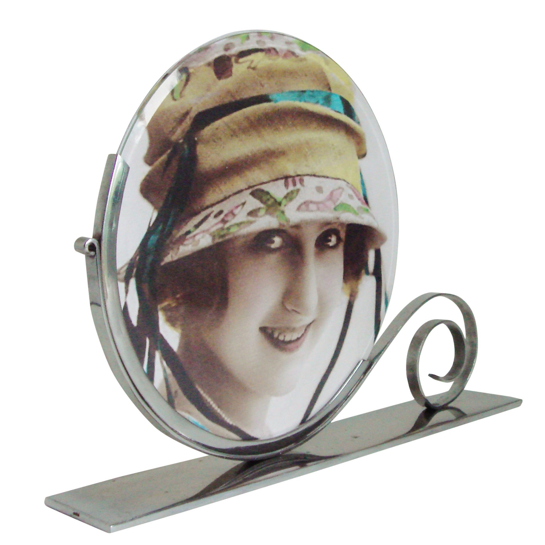 Pretty French Art Deco Chrome Double-Sided Frame with Circular Bevelled Glass. For Sale
