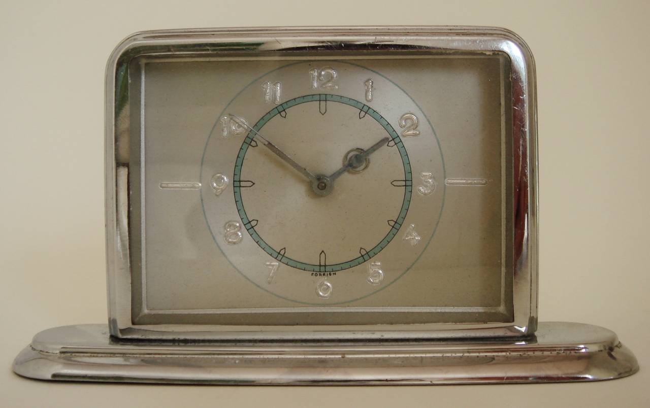 German Art Deco Small Chrome Desk Clock With Blue And Silver Accents This Delightful Small German Art Deco Desk Clock Has All Original And Near Perfect Chrome Both