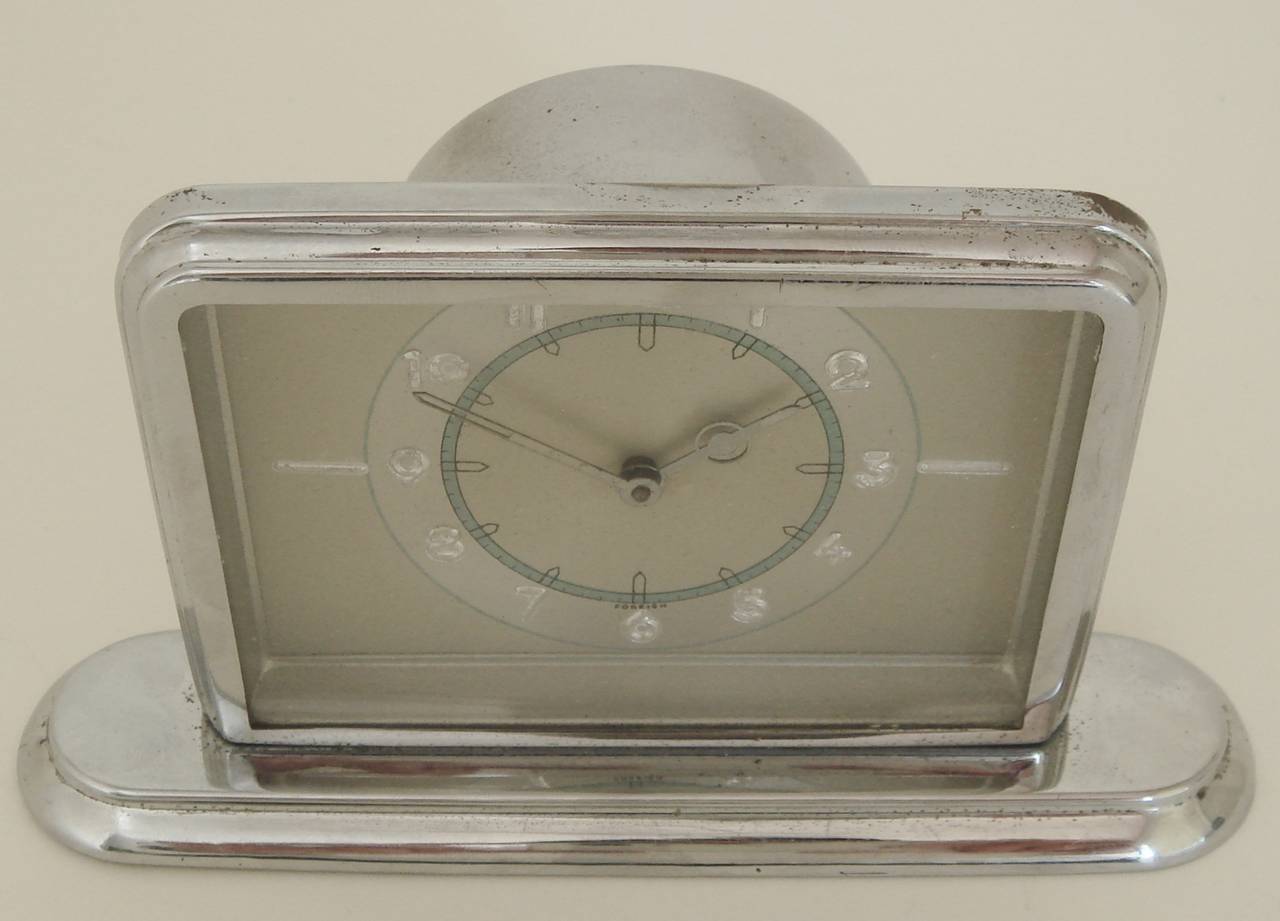 German Art Deco Small Chrome Desk Clock with Blue and Silver Accents In Excellent Condition For Sale In Port Hope, ON