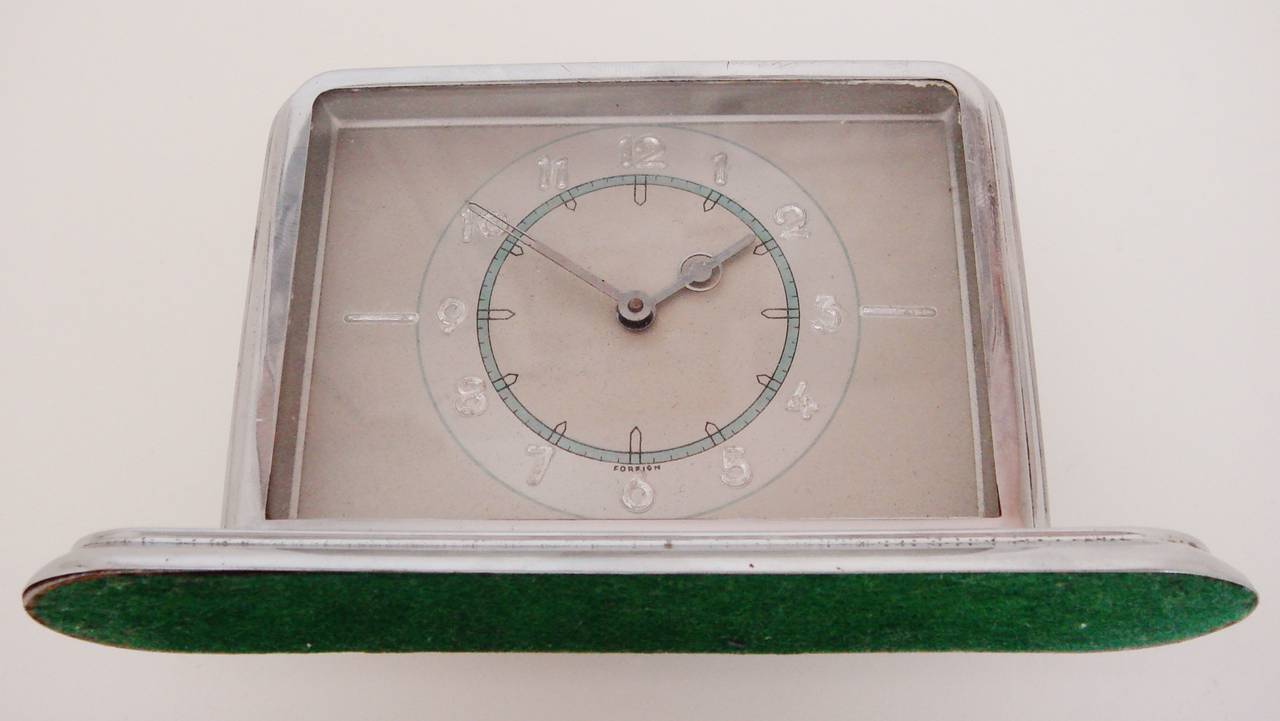 Plated German Art Deco Small Chrome Desk Clock with Blue and Silver Accents For Sale