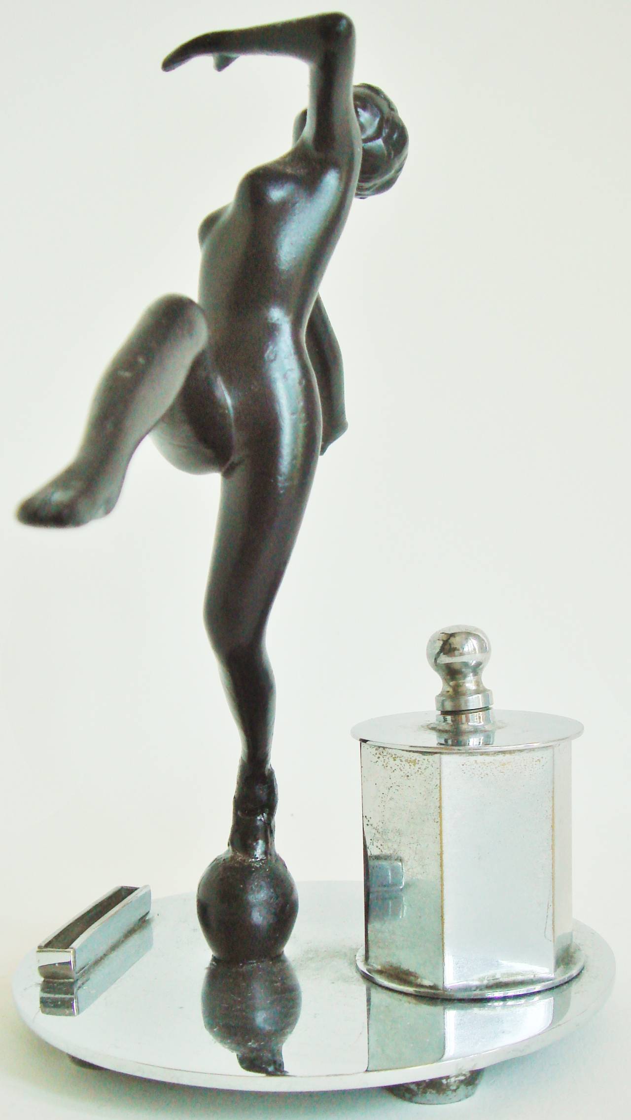Great Britain (UK) Art Deco Chrome and Black Enamel Figural Table Striker Lighter by Lorenzl